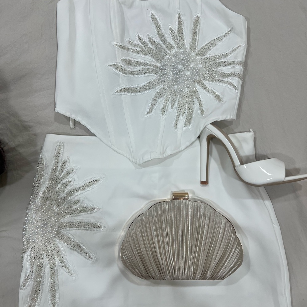 White Embellished Two-Piece Set with Clutch